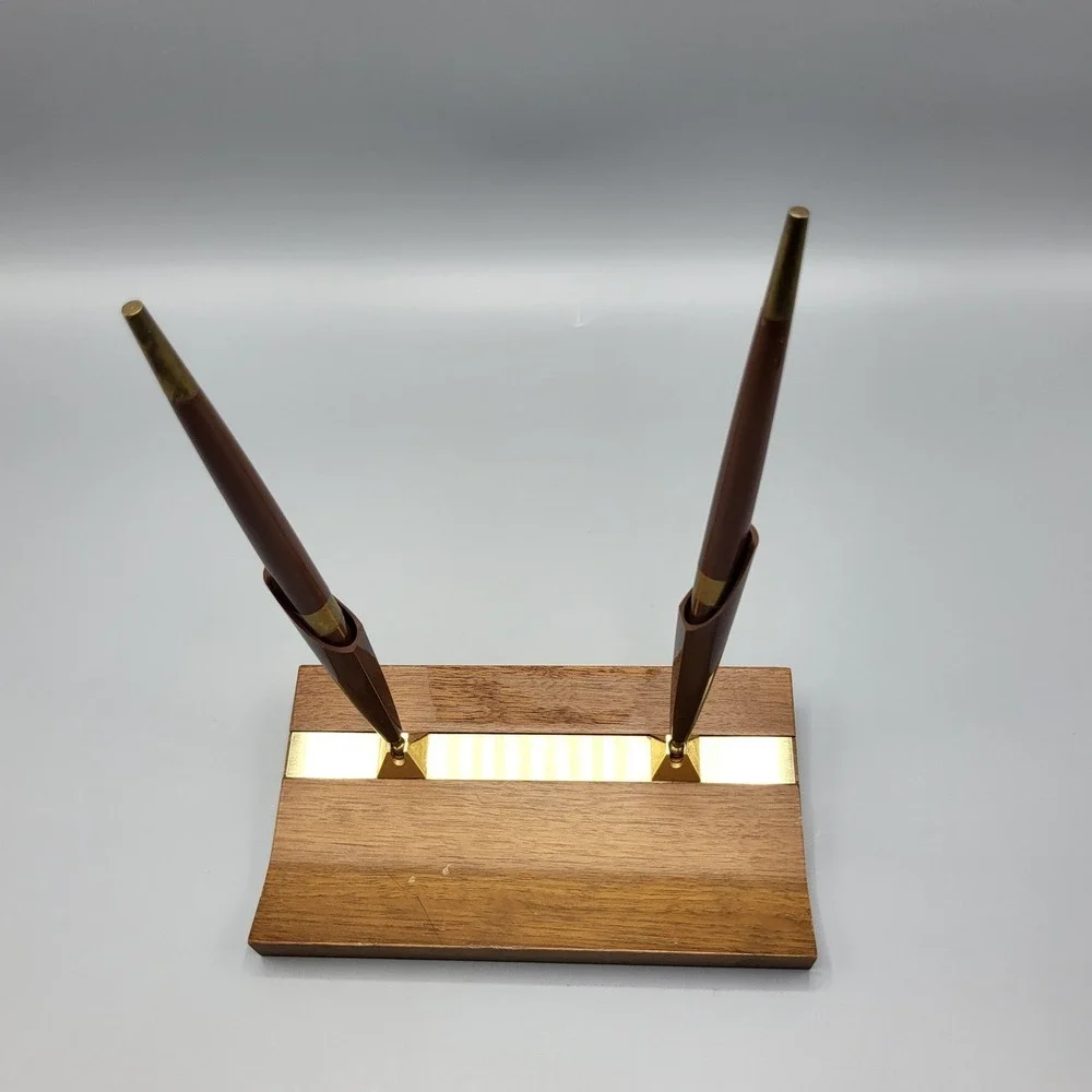 Vintage Double Pen Desk Set Wood Brass MCM Office Decor Brown